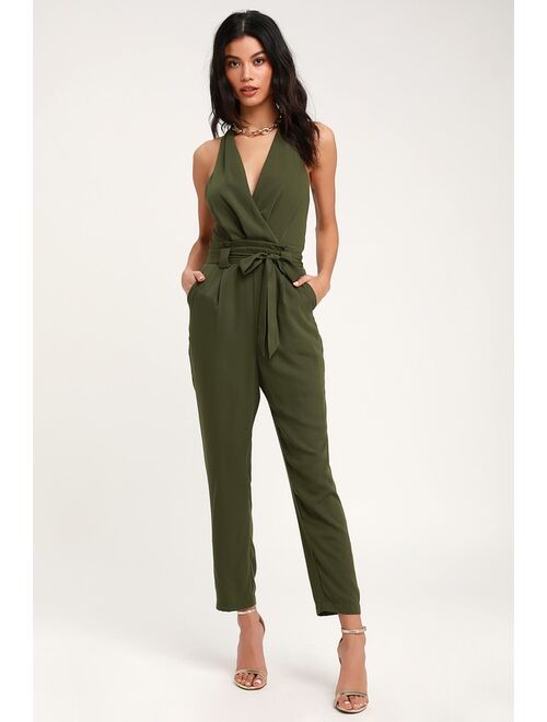 Lulus In the City Olive Green Surplice Sleeveless Jumpsuit