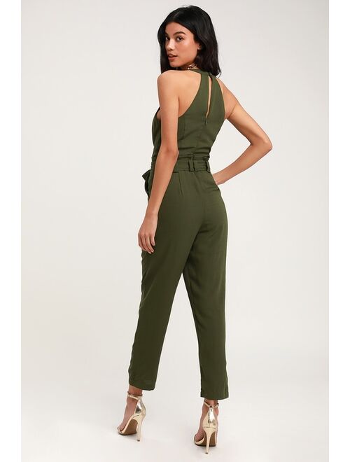 Lulus In the City Olive Green Surplice Sleeveless Jumpsuit