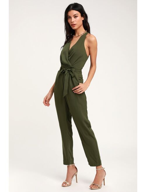 Lulus In the City Olive Green Surplice Sleeveless Jumpsuit