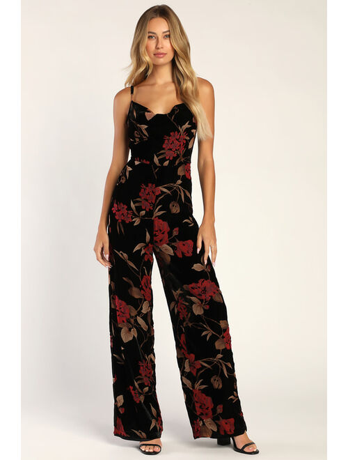 Lulus Elegant Effort Black Velvet Floral Cowl Neck Wide-Leg Jumpsuit