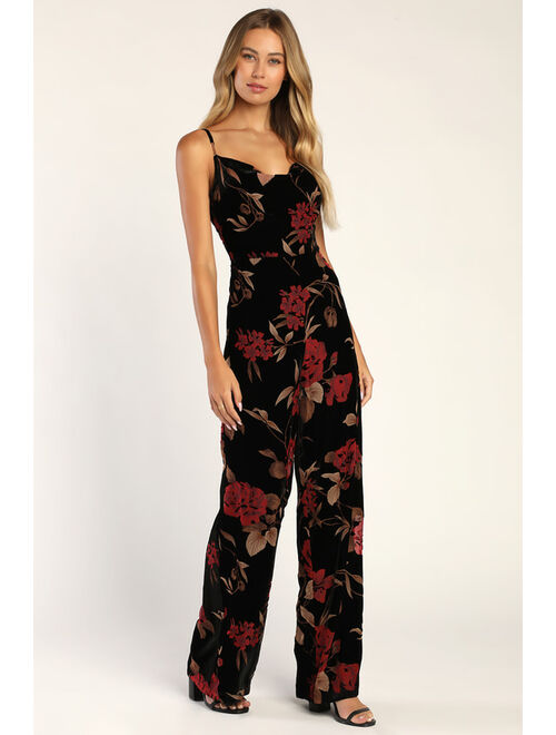 Lulus Elegant Effort Black Velvet Floral Cowl Neck Wide-Leg Jumpsuit