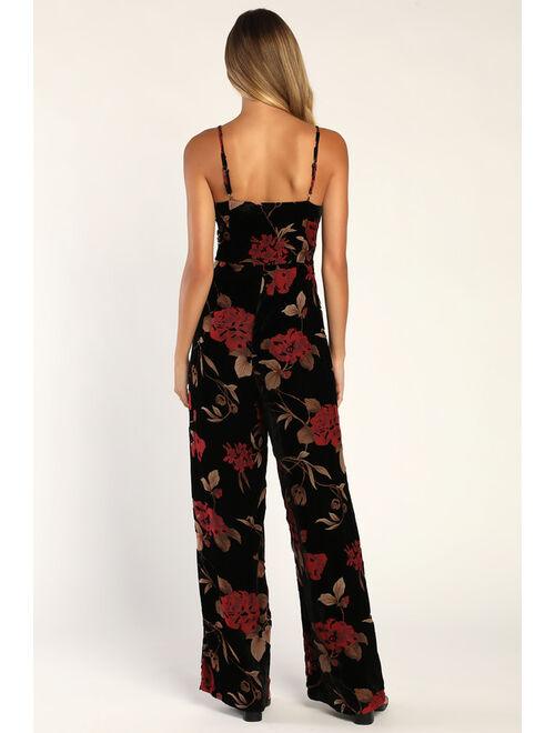 Lulus Elegant Effort Black Velvet Floral Cowl Neck Wide-Leg Jumpsuit