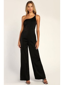 Flirty Femme Black Satin One-Shoulder Wide-Leg Jumpsuit