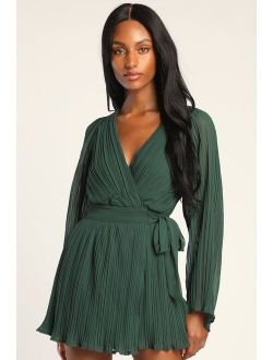 Embrace Your Beauty Dark Green Pleated Long Sleeve Skort Romper