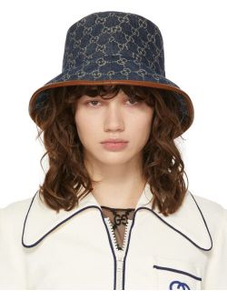 Blue & Brown Canvas GG Bucket Hat