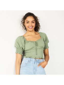 Juniors' SO Cropped Tie-Front Puff Top