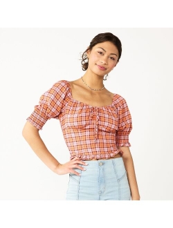 Juniors' SO Cropped Tie-Front Puff Top