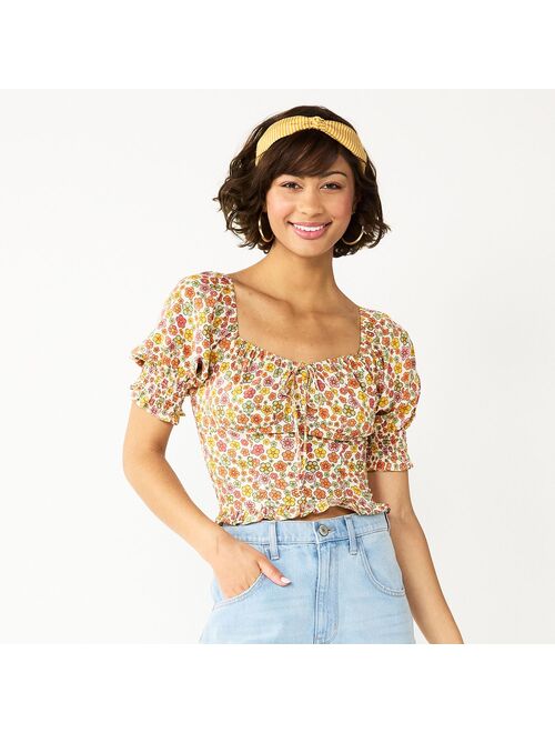 Juniors' SO Cropped Tie-Front Puff Top