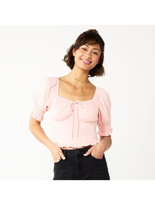 Juniors' SO Cropped Tie-Front Puff Top