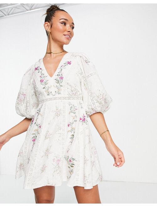 ASOS EDITION floral embroidered mini dress with lace inserts in cream