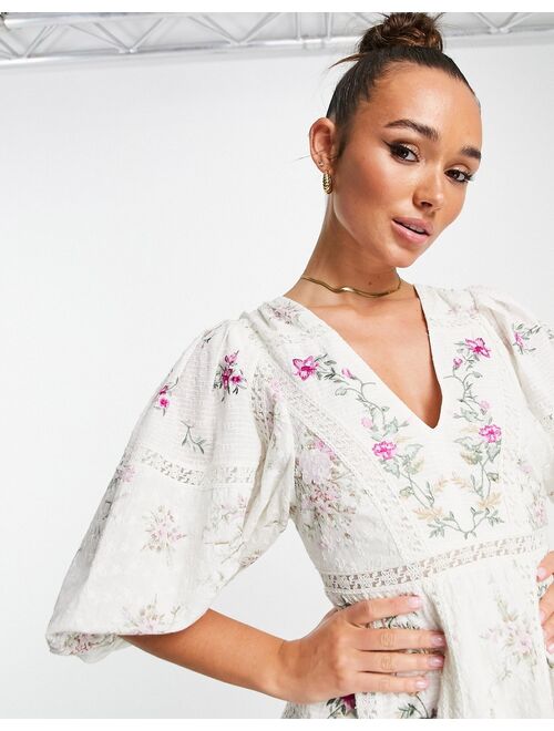 ASOS EDITION floral embroidered mini dress with lace inserts in cream