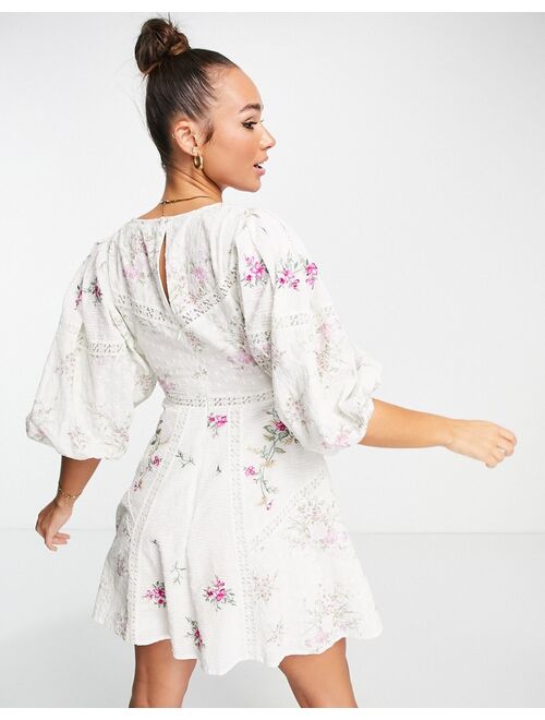 ASOS EDITION floral embroidered mini dress with lace inserts in cream