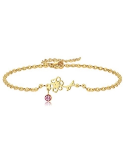 Nupdot Birth Flower Bracelets, 14K Gold Plated Birth Month Floral Birthstone Charm Bracelets Wildflower Birthflower Jewelry Birthday Gifts for Women Girls