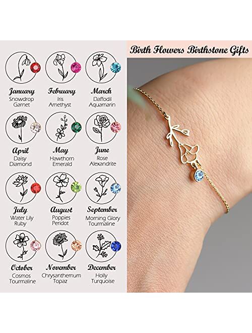 Nupdot Birth Flower Bracelets, 14K Gold Plated Birth Month Floral Birthstone Charm Bracelets Wildflower Birthflower Jewelry Birthday Gifts for Women Girls