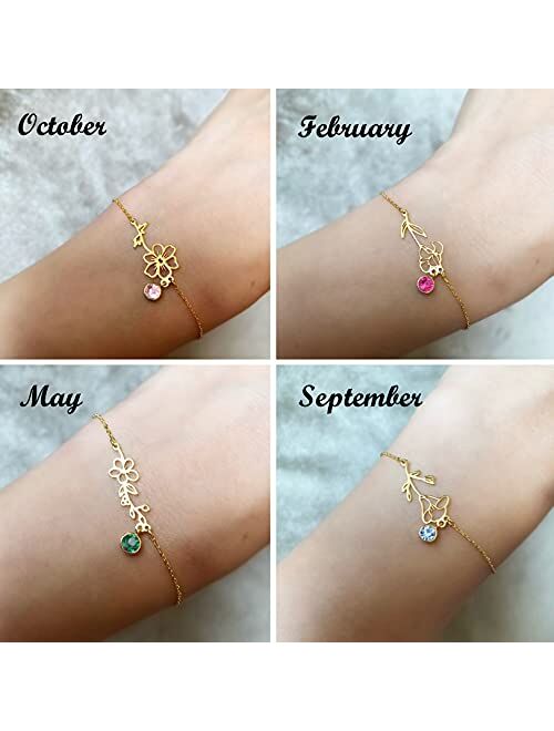 Nupdot Birth Flower Bracelets, 14K Gold Plated Birth Month Floral Birthstone Charm Bracelets Wildflower Birthflower Jewelry Birthday Gifts for Women Girls