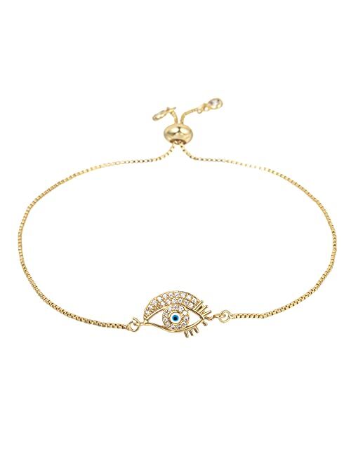 Kelistom Dainty 14K Real Gold Plated Bracelet for Women Men, Adjustable Gold Chain Link Evil Eye Hamsa Hand Paperclip Butterfly Charm Bracelets for Women Jewelry