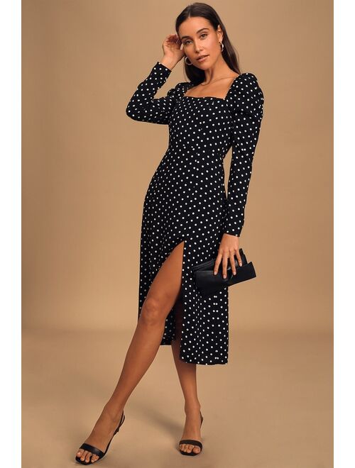 Lulus Charmed and Classy Black Polka Dot Long Sleeve Midi Dress