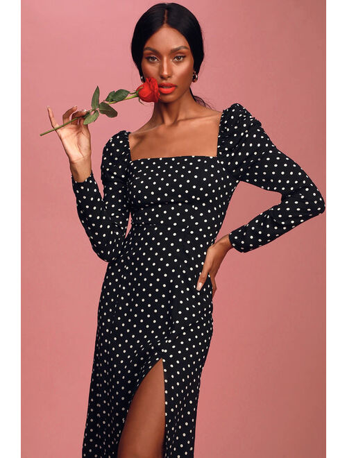 Lulus Charmed and Classy Black Polka Dot Long Sleeve Midi Dress