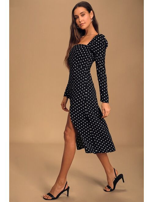 Lulus Charmed and Classy Black Polka Dot Long Sleeve Midi Dress