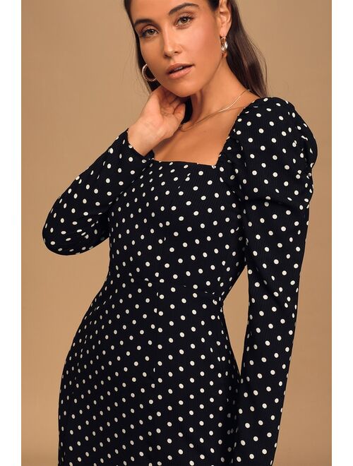 Lulus Charmed and Classy Black Polka Dot Long Sleeve Midi Dress