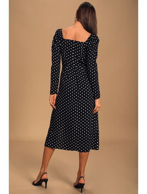 Lulus Charmed and Classy Black Polka Dot Long Sleeve Midi Dress