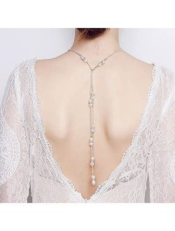 Asphire Vintage Bridal Pearl Back Chain Necklace Long Pendant Lariat Y Necklace Crystal Pearl 1920s Costume Wedding Accessories for Women and Girls