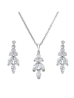 SWEETV Marquise Wedding Jewelry Set for Brides, Bridal Bridesmaids Jewelry Set, Cubic Zirconia Backdrop Necklace Earrings Set for Women