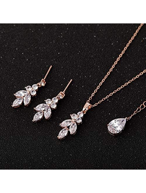 SWEETV Marquise Wedding Jewelry Set for Brides, Bridal Bridesmaids Jewelry Set, Cubic Zirconia Backdrop Necklace Earrings Set for Women