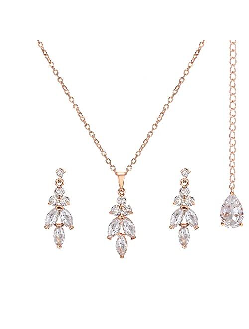 SWEETV Marquise Wedding Jewelry Set for Brides, Bridal Bridesmaids Jewelry Set, Cubic Zirconia Backdrop Necklace Earrings Set for Women