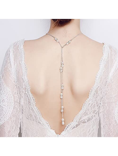 Minzaos BETHYNAS Bridal Pearl Backdrop Necklace Dainty Pearl Tassel Back Chain Necklace for Wedding Exquisite Backless Accessory for Women Girls