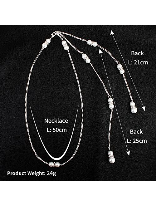 Minzaos BETHYNAS Bridal Pearl Backdrop Necklace Dainty Pearl Tassel Back Chain Necklace for Wedding Exquisite Backless Accessory for Women Girls