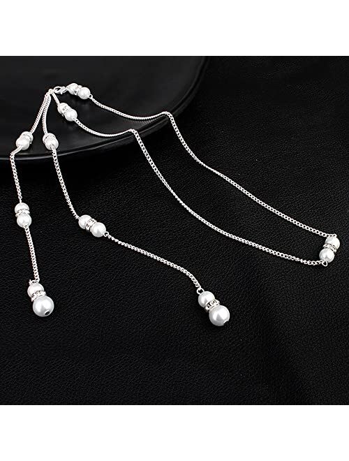 Minzaos BETHYNAS Bridal Pearl Backdrop Necklace Dainty Pearl Tassel Back Chain Necklace for Wedding Exquisite Backless Accessory for Women Girls