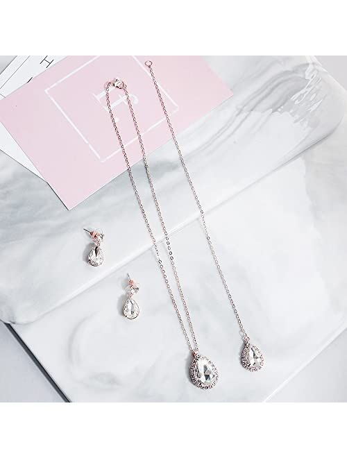 Minzaos BETHYNAS Bridal Crystal Necklace Earrings Set Dainty Rhinestone Teardrop Backdrop Necklace Earrings for Wedding Shiny Back Chain Necklace Earrings for Women Girls