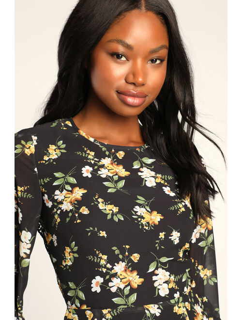 Lulus Poised and Playful Black Floral Long Sleeve Backless Romper