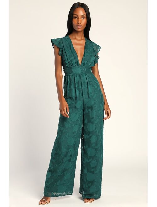 Lulus Refined Romance Emerald Green Burnout Floral Wide-Leg Jumpsuit