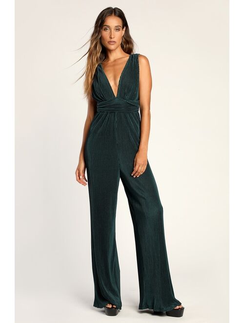 Lulus Plisse Be Mine Teal Green Plisse Wide-Leg Jumpsuit