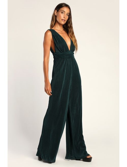 Lulus Plisse Be Mine Teal Green Plisse Wide-Leg Jumpsuit