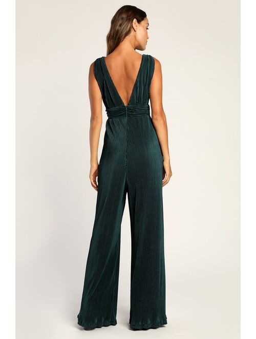 Lulus Plisse Be Mine Teal Green Plisse Wide-Leg Jumpsuit