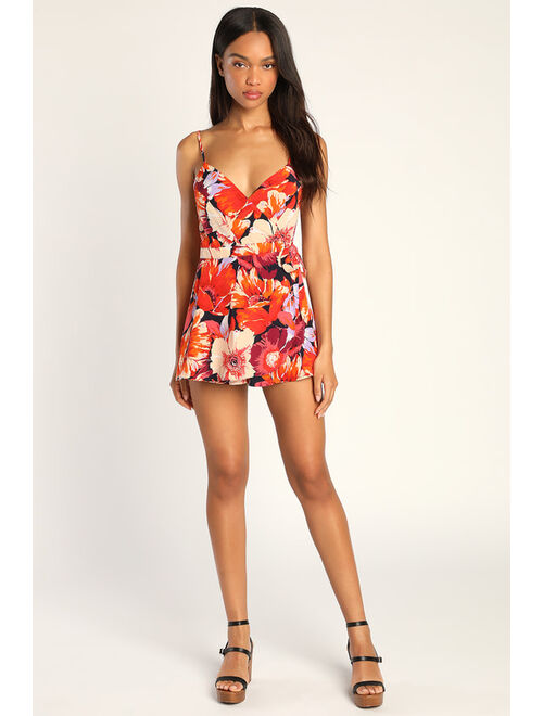 Lulus Relaxed Radiance Navy Floral Print Faux-Wrap Skort Romper