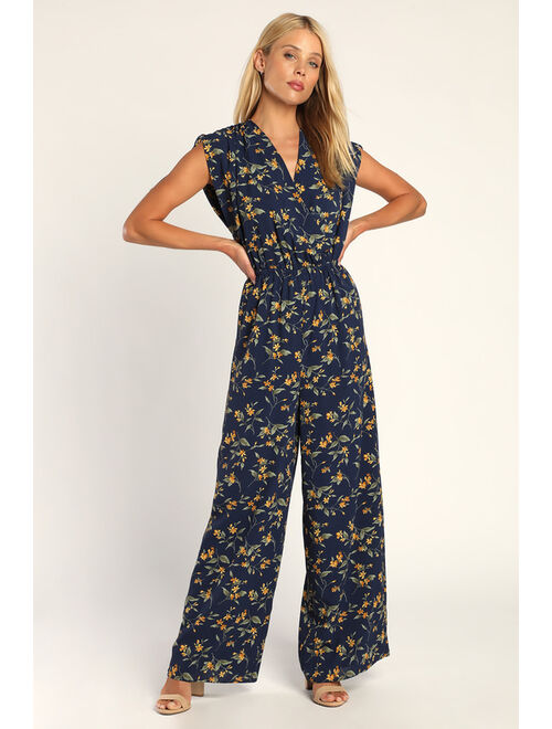 Lulus Botanical Romance Navy Blue Floral Ruched Wide Leg Jumpsuit