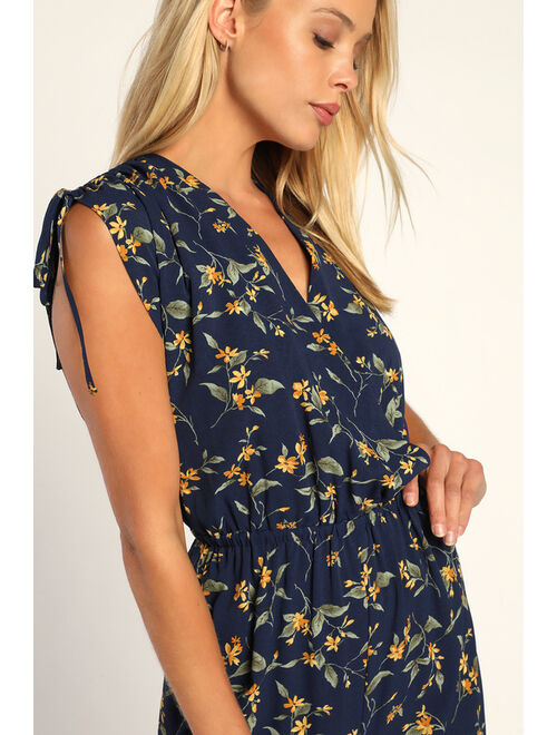 Lulus Botanical Romance Navy Blue Floral Ruched Wide Leg Jumpsuit