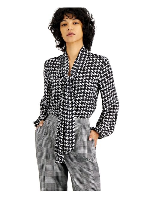 Bar III Women's Houndstooth Printed Long Sleeve Blouse, Created for Macy's