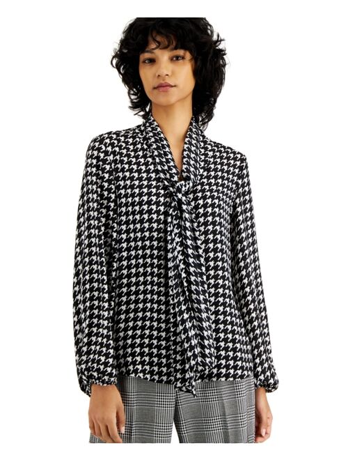 Bar III Women's Houndstooth Printed Long Sleeve Blouse, Created for Macy's