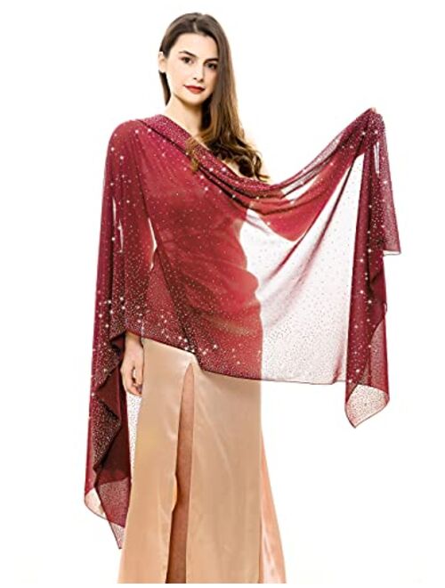 REEMONDE Womens Rhinestones Pashmina Shawls and Wraps for Evening Dresses Chiffon Shawl Sparkly Scarf