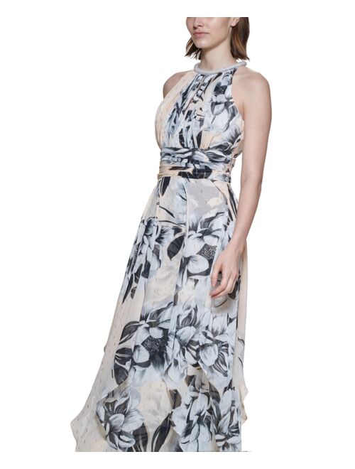 Calvin Klein Metallic-Embroidered Floral-Print Maxi Dress