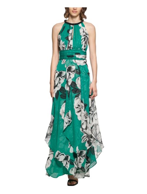 Calvin Klein Metallic-Embroidered Floral-Print Maxi Dress