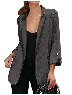 Vetinee Women's Open Front Denim Blazer Suit Lapel Washed Rolled Sleeve Jean Jacket Cardigan