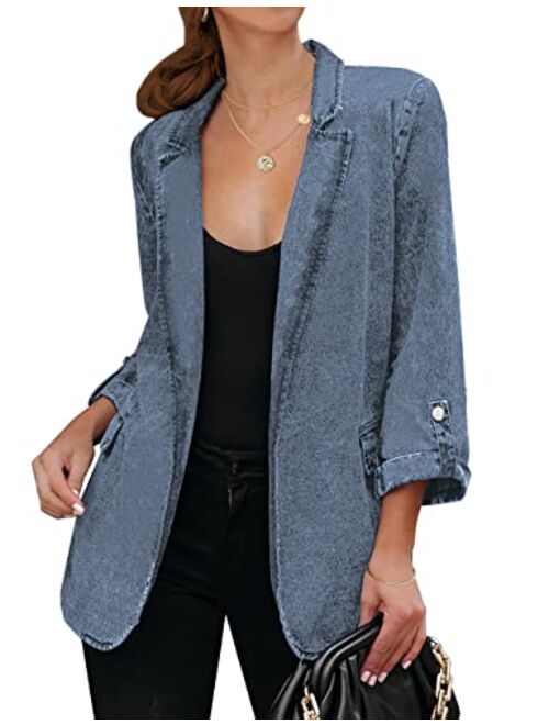 Vetinee Women's Open Front Denim Blazer Suit Lapel Washed Rolled Sleeve Jean Jacket Cardigan