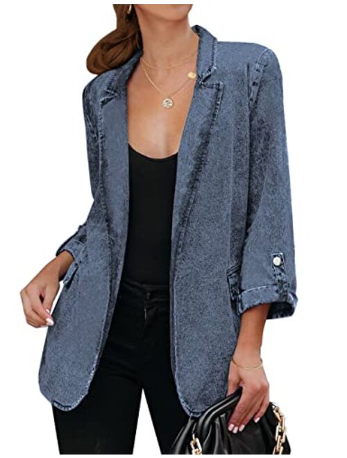 Vetinee Women's Open Front Denim Blazer Suit Lapel Washed Rolled Sleeve Jean Jacket Cardigan