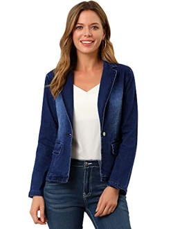 Women's Notched Lapel Button Up Long Sleeve Washed Denim Blazer